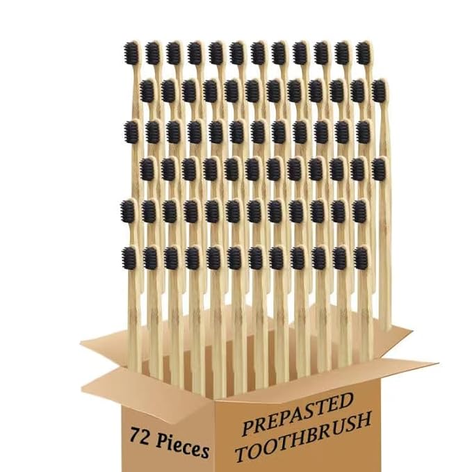 Bamboo Toothbrush Prepasted Disposable Toothbrsuh Soft Bristles Prepasted Toothbrush,Disposable Toothbrsuh (72 Black)