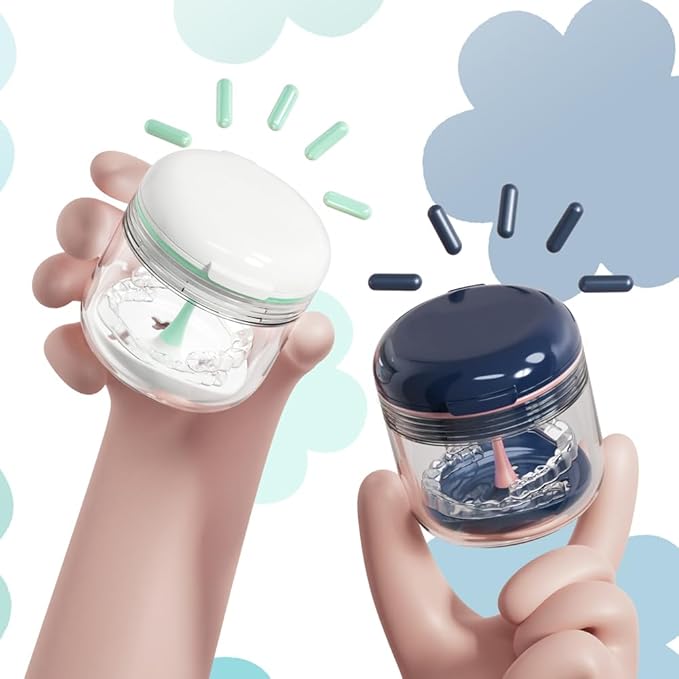 Retainer case, Denture Bath Cup,Retainer Cleaner Case Box,Night Mouth Guard Case Holder,Storage Soak Container with Drain Tray for Travel Cleaning with Mirror and Brush