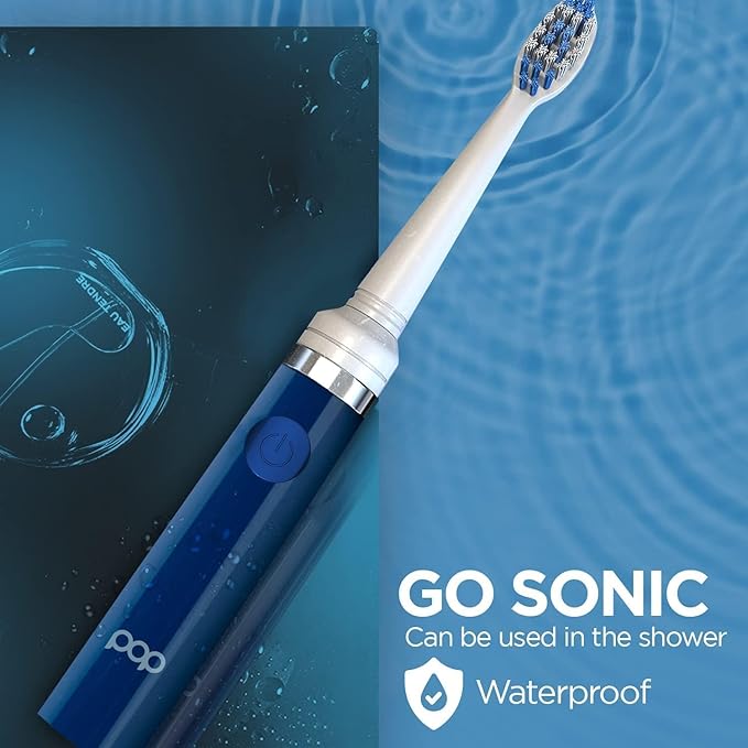 Pop Sonic Electric Toothbrush (Navy + 6 Brush Heads) - Travel Toothbrushes w/AAA Battery | Kids Electric Toothbrushes with 2 Speed & 15,000-30,000 Strokes/Minute, Dupont Nylon Bristles