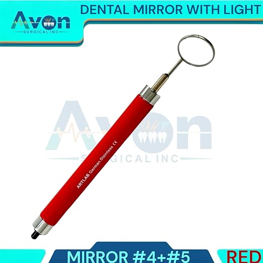 1pcs Dental Mirror Handle with Light Built-in, 2 Mirror Heads (#4 + #5), Red Handle, Anti-Fog Mirrors, Dentist Instrument Tools for Oral Examinations