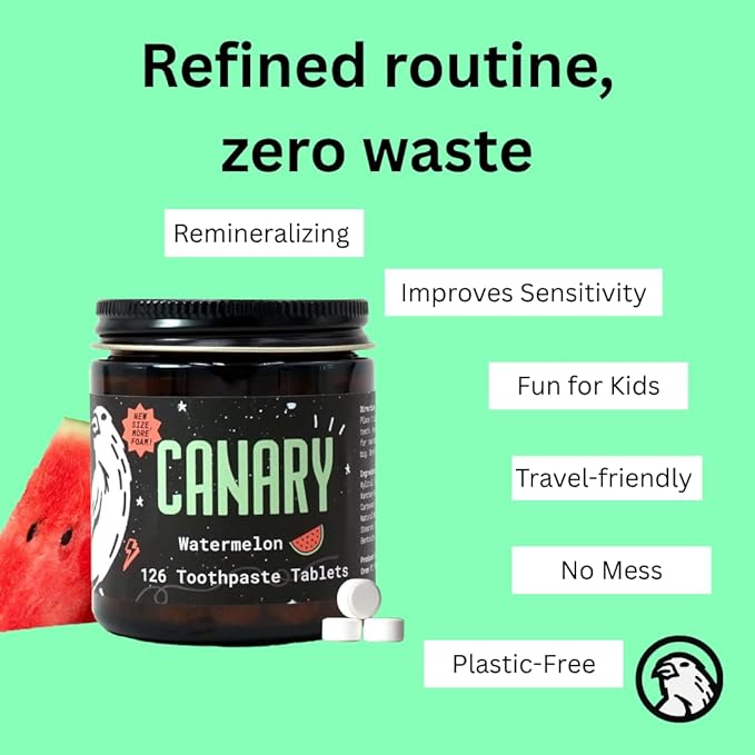 Canary Nano Hydroxyapatite Toothpaste Tablets Watermelon- Remineralizing, Fluoride Free, All Natural Tabs with Xylitol - Great for Kids, Plastic Free - 126 Count