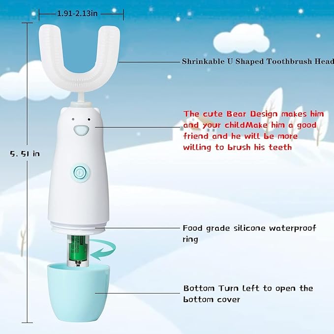 Kids Electric Toothbrush,Toddler Toothbrush Waterproof Battery Powered 360 Automatic Sonic u Shaped Toothbrushes for 2-7 Years Old for Boys Girls,with 2 Replacement Brush Heads(Blue)