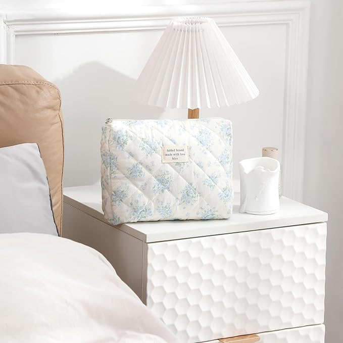 Quilted Cotton Makeup Bag 2Pcs Coquette Cosmetic Bag,Large Soft Floral Travel Toiletry Bag for Women and Girls(02 Blue flower)