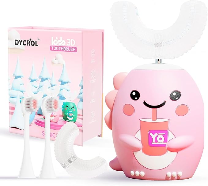 Kids U Shaped Electric Toothbrush with 4 Brush Heads, Sonic Toothbrush Kids with 5 Modes, Cartoon Dinosaur 360-Degree Cleaning IPX7 Waterproof Design (2-6 Age (Pink))