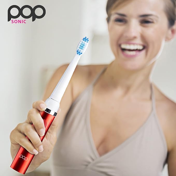 Pop Sonic Electric Toothbrush (Metallic Red) - Travel Toothbrushes w/AAA Battery | Kids Electric Toothbrushes with 2 Speed & 15,000-30,000 Strokes/Minute, Dupont Nylon Bristles