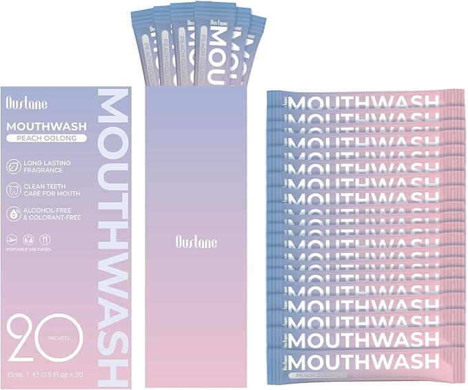 Protable Mouthwash Packets for Travel, Peach Oolong-Tea Flavor, Alcohol-Free, Non-Burning, 15ml/pcs 20 Single Use, TSA Approved for On-The-Go Fresh Breath, Perfect for Work, Gym& Date