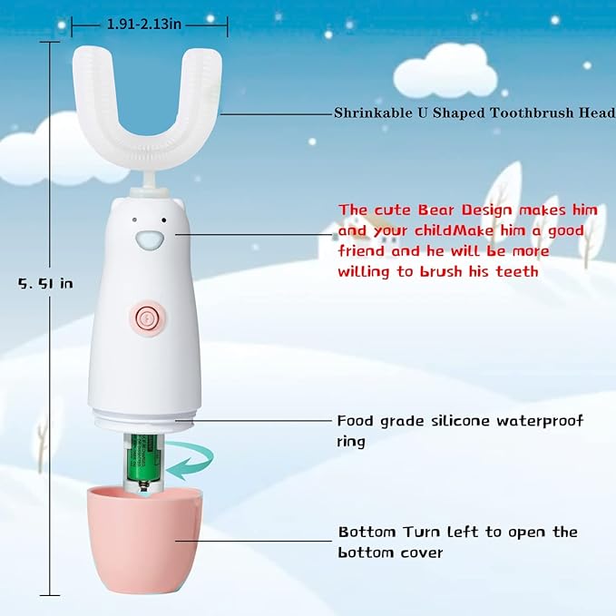 Kids Electric Toothbrush,U Shaped Toothbrush Waterproof Battery Powered 360 Automatic Sonic Toddler Toothbrushes for 8-13 Years Old for Boys Girls,with 2 Replacement Brush Heads(Pink)