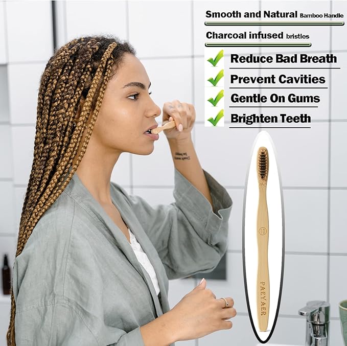 20 Count Bamboo Toothbrushes (Soft+Medium), Natural Wood Toothbrushes Bulk, Eco-Friendly, BPA Free, Biodegradable & Compostable Charcoal Wooden - Reusable Travel Toothbrush