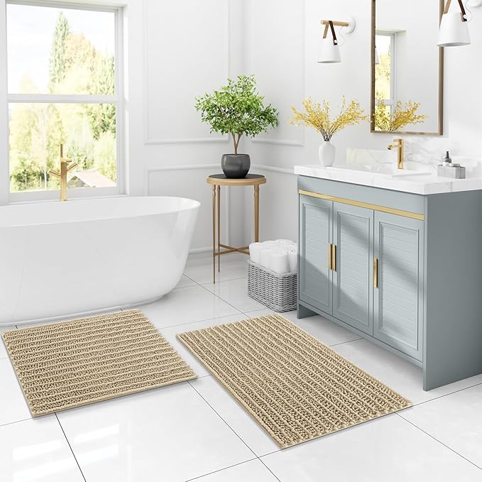 Arotive Luxury Chenille Bathroom Rug Mat, Extra Soft Thick Absorbent Shaggy Bath Rugs, Non-Slip Machine Wash Dry, Plush Bath Mats for Bathroom, Shower and Tub, 47x24, Beige
