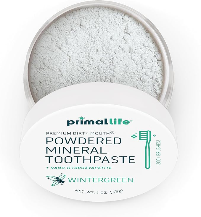 Primal Life Organics - Dirty Mouth Toothpowder, Tooth Cleaning Powder, Flavored Essential Oils with Natural Kaolin & Bentonite Clay, Good for 200+ Brushings, Organic, Vegan (Wintergreen, 1 oz)
