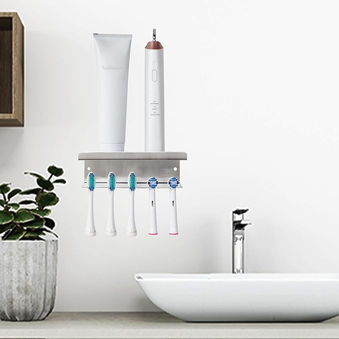 Stainless Steel Toothbrush Holder Wall Mounted - No Drill Bathroom Organizer with 3M Adhesive & Screws, 5-Slot Razor & Electric Toothbrush Holder, Rustproof for Wet Spaces (Silver, 18/8 304 Grade)