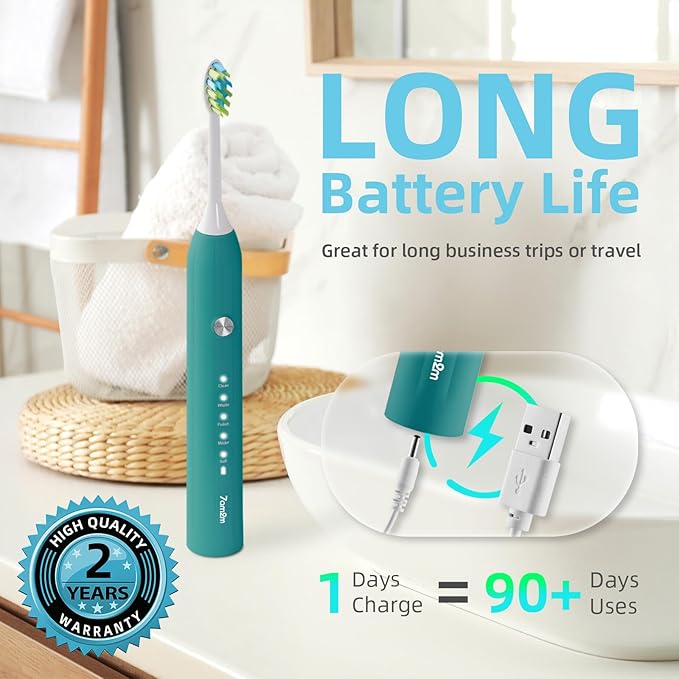 7AM2M Sonic Electric Toothbrush for Adults and Kids, with 8 Brush Heads and Travel Case,5 Modes with 2 Minutes Built in Smart Timer, One Charge Use for 90 Days,Rechargeable Toothbrushes(Peacock Green)
