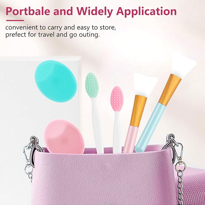 Silicone Face Scrubber, 2pcs Exfoliating Lip Brush, 2pcs Face Cleansing Brush & Silicone Facial Mask Brush Exfoliator Blackhead Skin Care Tool