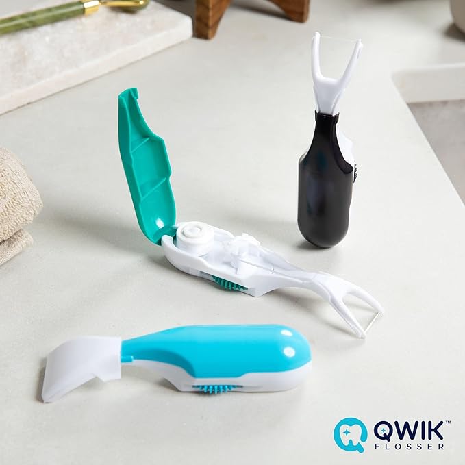 QWIK Automatic Dental Flosser | Click-to-Use, Reusable & Refillable | Pre-Loaded Floss with Travel Cover | Easy Flossing for Plaque Removal, Clean Teeth & Fresh Breath (Light Blue)
