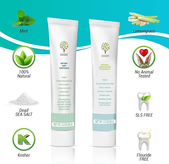 Masik Natural Lemon Grass Toothpaste ā Whitening & Sensitive Teeth | Dead Sea Salt | Stain & Plaque Remover | Bleeding Gums & Canker Sore Care | Fluoride & SLS-Free | Non-Foaming | Made in Israel