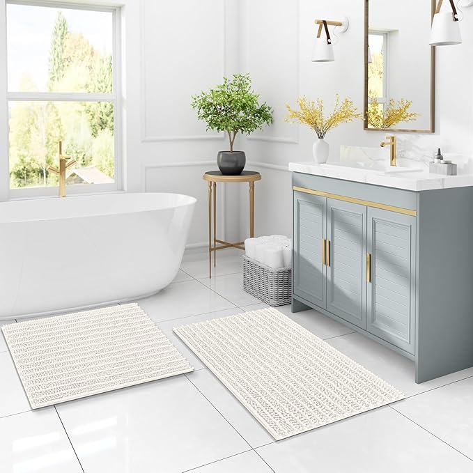 Arotive Luxury Chenille Bathroom Rug Mat, Extra Soft Thick Absorbent Shaggy Bath Rugs, Non-Slip Machine Wash Dry, Plush Bath Mats for Bathroom, Shower and Tub, 45x27, Ivory