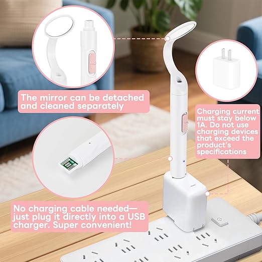 Rechargeable LED Dental Mirror with USB Charging Function, Anti-Fog Mirror Surface, White & Yellow Dual Lighting, Detachable Design for Easy Cleaning(Pink)