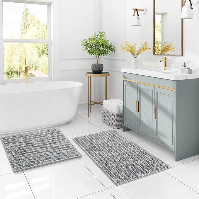 Arotive Luxury Chenille Bathroom Rug Mat, Extra Soft Thick Absorbent Shaggy Bath Rugs, Non-Slip Machine Wash Dry, Plush Bath Mats for Bathroom, Shower and Tub, 34x21, Light Grey