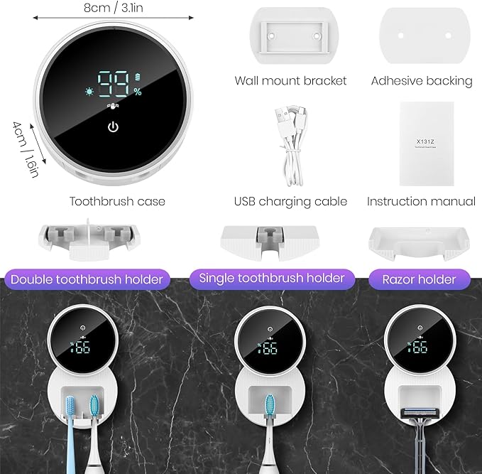 Wall Mounted Toothbrush Holder & Toothbrush Cleaner,Electric Toothbrush Holder, Razor Holder and Cleaner for Bathroom Accessory, with Auto Inductive Open/Close Cover, Clean, Dry for Home, Travel