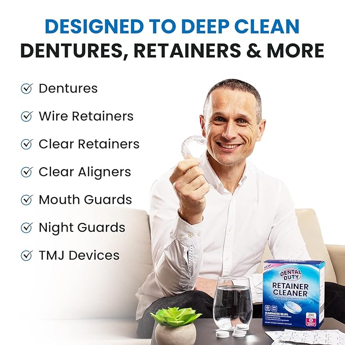240 Units Retainer and Denture Cleaning Tablets (8 Months Supply) - Cleaner Removes Plaque, Stains from Dentures, Retainers, Night Guards, Mouth Guard, Aligners and Removable Dental Appliances