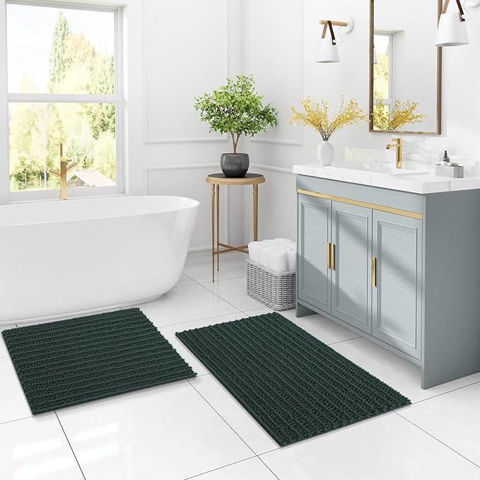 Arotive Luxury Chenille Bathroom Rug Mat, Extra Soft Thick Absorbent Shaggy Bath Rugs, Non-Slip Machine Wash Dry, Plush Bath Mats for Bathroom, Shower and Tub, 44x24, Dark Green