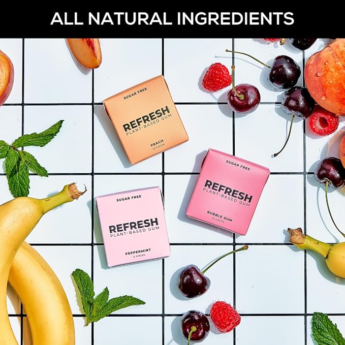 Refresh Gum, Xylitol, Natural, Sugar Free, Chewing Gum, Plastic Free, Natural Flavors & Organic Ingredients, Non GMO, Gluten Free, Vegan, 12 Count (Pack of 6), Fruit Variety Pack