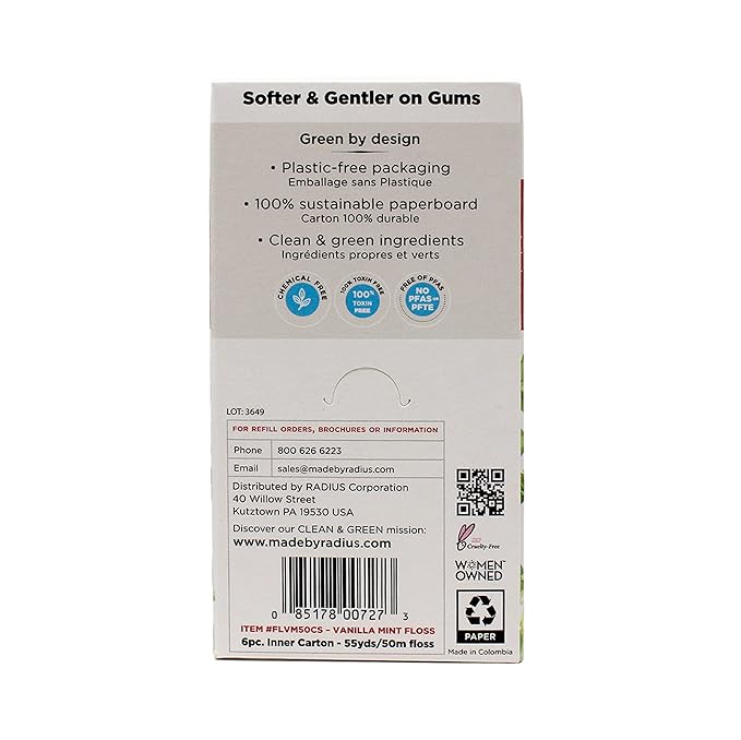 RADIUS Vanilla Mint Dental Floss 55 Yards Vegan & Non-Toxic Oral Care Boost & Designed to Help Fight Plaque Clear - Pack of 6