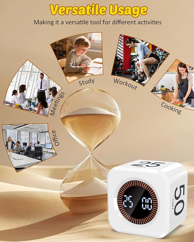 Pomodoro Timer Cube Visual Productivity Flip Timer for Kids Classroom Desk, 5/10/25/50min&Custom Countdown, Silent&Sound Mode Digital Cube for ADHD Study Work School Game Kitchen (White)