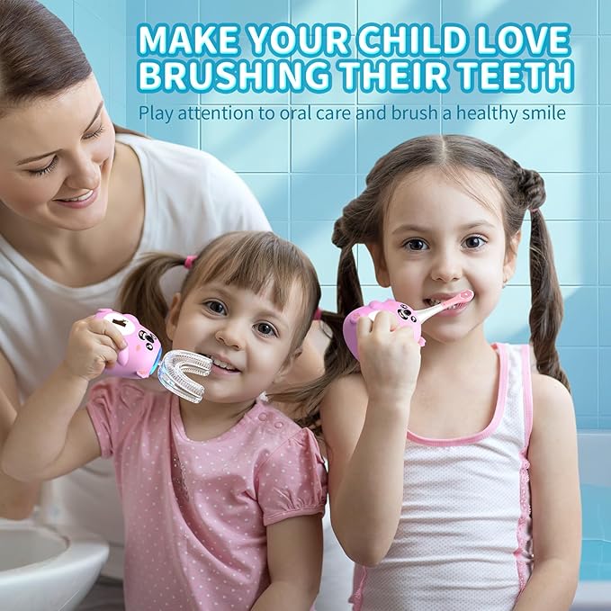 Kids U Shaped Electric Toothbrush, Automatic 360° Sonic Cleaning, 6 Modes, 4 Brush Heads, Cute Cartoon Koala Design (2-6 Age (Pink))