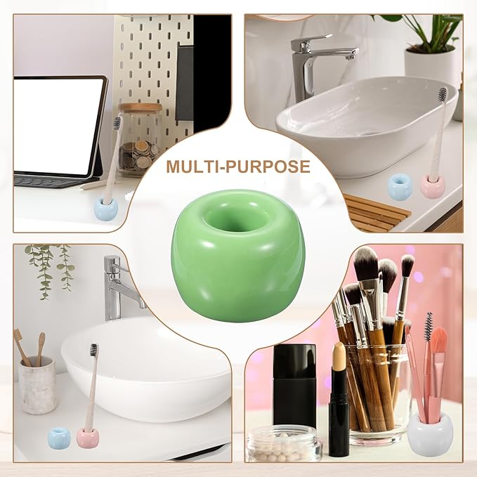 uxcell 2 Pcs Mini Ceramics Toothbrush Holder Stands, Sleek Mini Countertop Toothbrush Round Shape Ceramic Holder Stand for Bathroom Vanity Countertops, Green