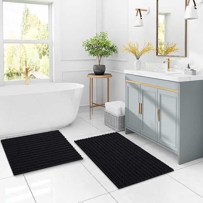 Arotive Luxury Chenille Bathroom Rug Mat, Extra Soft Thick Absorbent Shaggy Bath Rugs, Non-Slip Machine Wash Dry, Plush Bath Mats for Bathroom, Shower and Tub, 54x24, Black