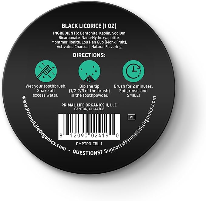 Primal Life Organics - Dirty Mouth Toothpowder, Activated Charcoal Tooth Cleaning Powder, Essential Oils Natural Kaolin Bentonite Clay, 200+ Brushings, Organic Vegan (Charcoal Black Licorice, 1 oz)