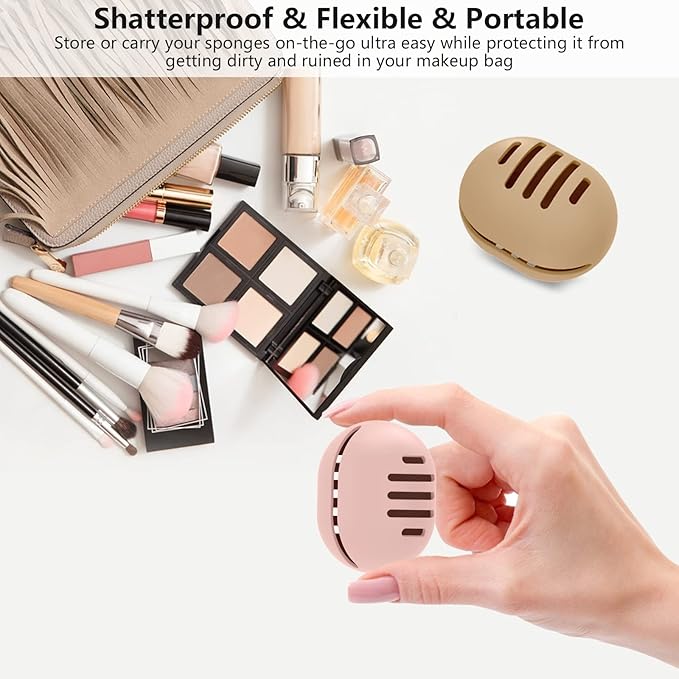 2 Pcs Makeup Sponge Holder,Double-sided Breathable Silicone Beauty Blender Holder for Travel,Shatterproof Make Up Case for All Sponges Sanitary Reuse Easy to Carry,Khaki+Pink