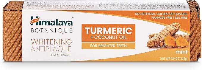 Himalaya Botanique Whitening Antiplaque Toothpaste, Mint Flavor with Turmeric & Coconut Oil - Whitening Toothpaste Without Fluoride for Brighter Teeth - Vegan, SLS Free, Gluten Free, 4 oz