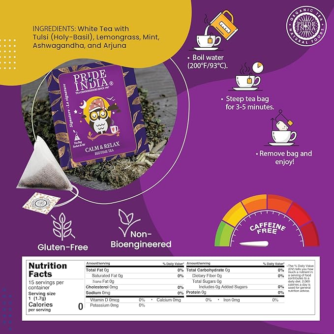 Pride of India | Sip and Relax : Bedtime Tea | 15 Pyramid Full Leaf Individually Wrapped Tea Bags| 100% Natural Blend of White Tea & Herbs from Single Origin | Calming and Soothing