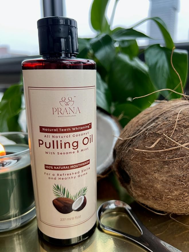 PRANA Coconut Pulling Oil Mouthwash with Tongue Scraper- Ayurvedic Oils for Clean Rinse with Coconut Oil & Clove & improving Teeth & Gum Health - Teeth Pulling Oil Keeps Your Mouth Refreshed- (2 Pack)