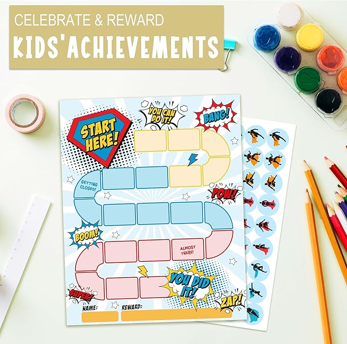 10 Superhero Reward Chart with 216 Round Stickers, Incentive Behavior Chart for Kids at Home Classroom, Kids Routine Daily Chore Sticker Chart-A12