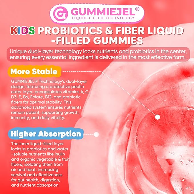 Probiotics for Kids Teen + Veggie & Fruit Fiber Gummies, with 12 Billion CFU Probiotic, Organic Inulin Prebiotics Fiber, Methyl B12 B6 C for Children's Digestive & Gut, Immune Health, Sugar Free,60Cts