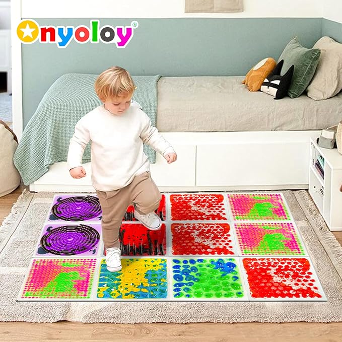 Textured Sensory Liquid Tile - Set of 6 Square Lava Tiles, Sensory Mat for Ages 3 to Adult, 12" x 12", Red
