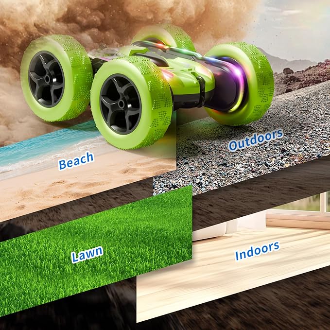 Remote Control Car – 4WD 360° Flip Double‑Sided RC Stunt Car LED Light Bar & USB‑C Modular Battery, Off‑Road Toys for Boys Ages 6‑12, Birthday Gift, Black‑Green