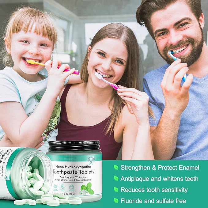 Toothpaste Tabs 150pcs, Nano Hydroxyapatite, Flouride Free Toothpaste Tablets, Freshens Breath, Peppermint Flavored Strengthen Teeth, Eco & Travel Friendly