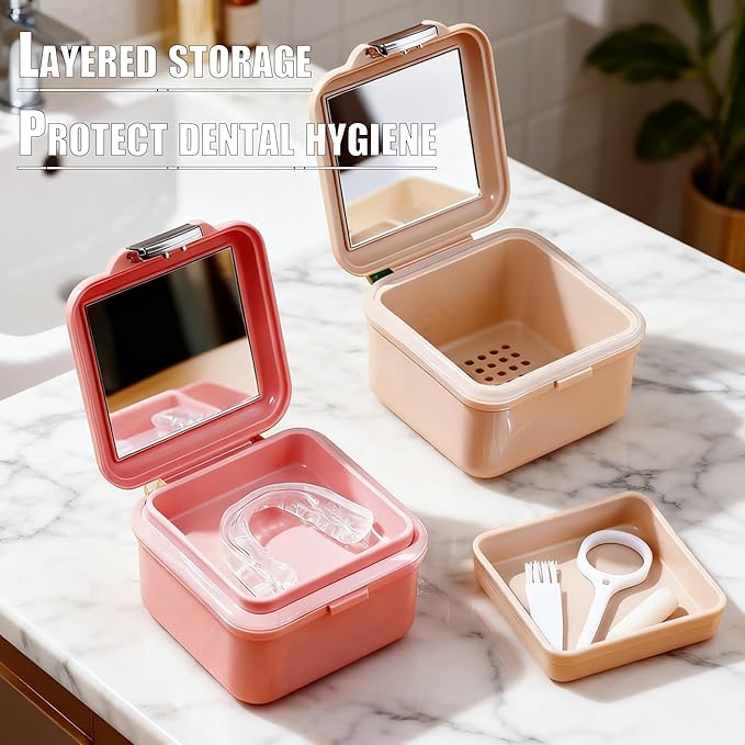 Denture Soaking Container Retainer Cleaner Case, Leak Proof Denture Bath Box with Strainer Basket, with Cleaning Brush Dentures Cup, with Mirror Waterproof Denture Holderfor Travel(beige)