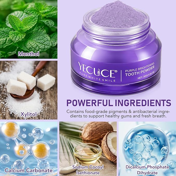 Purple Brightening Powder - Purples Toothpaste for Teeth Whitening-No Sensitivity- Stain Removal & Enamel Safe | Fresh Breath Formula with Unique Purple |for Coffee/Smokers/Tea