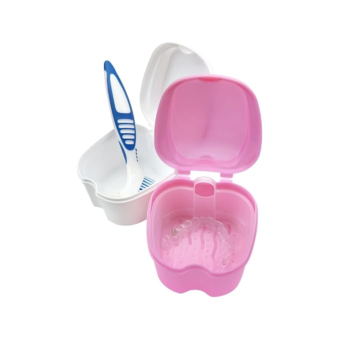 2pcs Denture Bath Retainer Case, Dentaure Cups for Soaking Dentures with Strainer Basket Tray,Compact and Pportable Design, Suitable for Traveling (Light Blue+Purple)