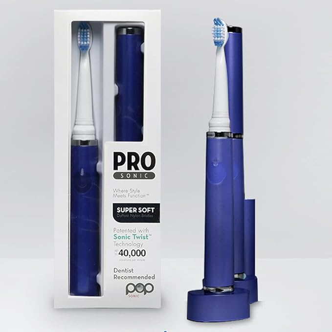 Pop Sonic Ultimate Pro Rechargeable Toothbrush (Navy) - 40,000 Strokes/Min, Dupont Nylon Bristles, Quadrant Pacer & Timer for Teens & Adults