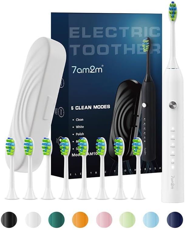 7AM2M Sonic Electric Toothbrush for Adults and Kids, with 8 Brush Heads and Travel Case,5 Modes with 2 Minutes Built in Smart Timer, One Charge Use for 90 Days, Rechargeable Toothbrushes(White)