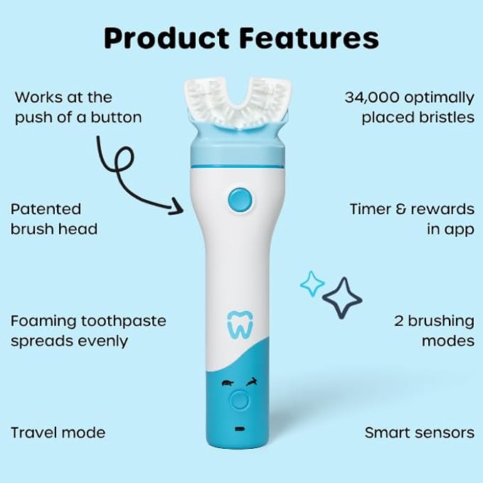 Willo BrushBot Kids U-Shaped Toothbrush Starter Kit – Rechargeable, Smart Electric Toothbrush for Kids Ages 8-11 w/App, Soft Bristles, Plaque Removal, Gentle & Deep Clean Modes | Medium Berry Splash