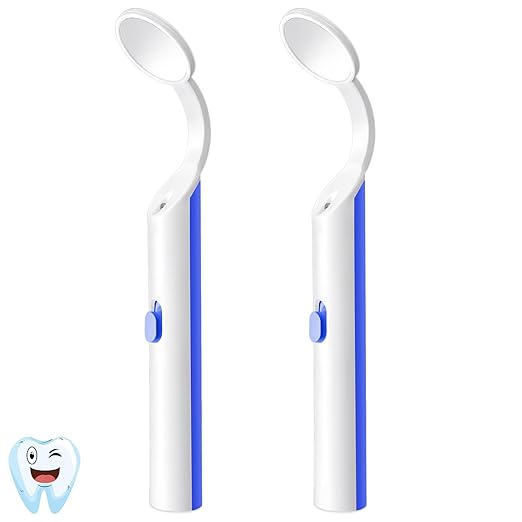 2 Pieces Dental Mirror with Light - LED Lighted Teeth Inspection Mirror, Anti Fog Curve Angle Mouth Mirrors Dentist Oral Assistant Care Tool Accessories (Blue)