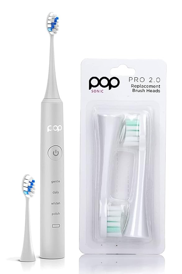 Pop Sonic Pro 2.0 Toothbrush (White) + Bonus Pack | Rechargeable Toothbrush Up to 45,000 Vibrations Per Minute