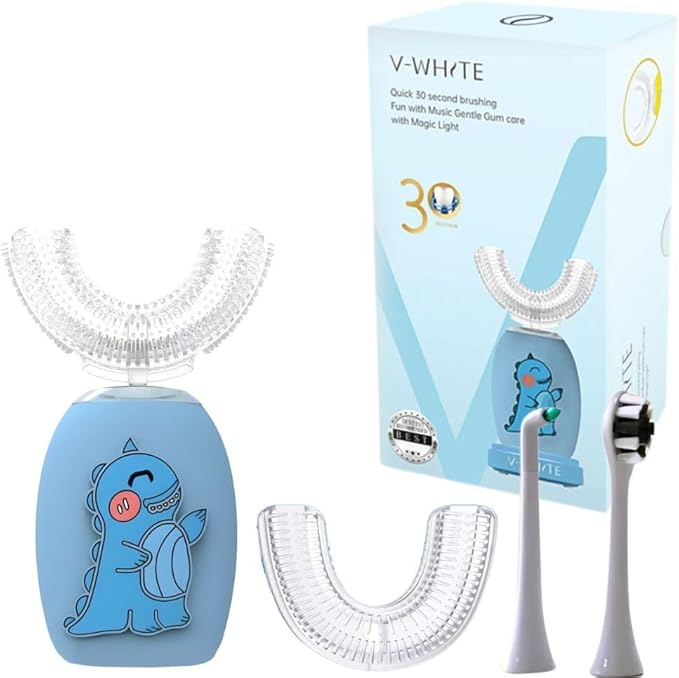 V-WHITE Electric Toothbrush Kids- Ultrasonic U-Shaped Toothbrushes for Teeth Whitening - 360° Mouth Cleansing, Hands Free Gums Protection - Wireless Charging & LED Light - Waterproof IPX7 Certified